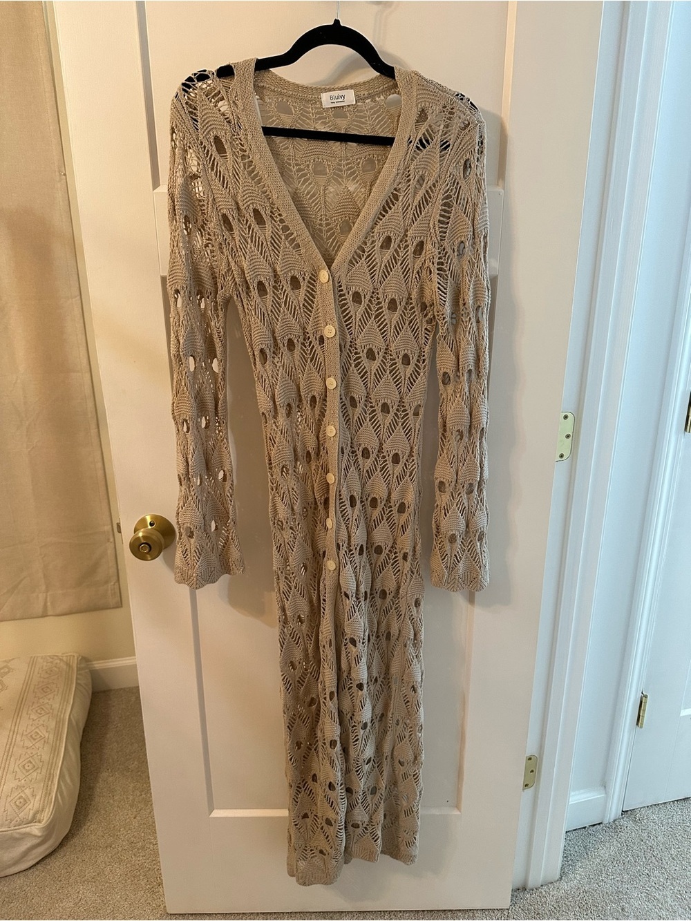 Billowy Crochet Long Button-Up Cardigan in Beige